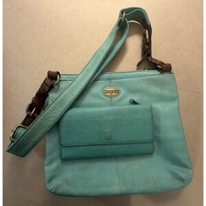 Fossil Vintage Sasha Turquoise Leather‎ Crossbody Bag Purse Matching Wallet